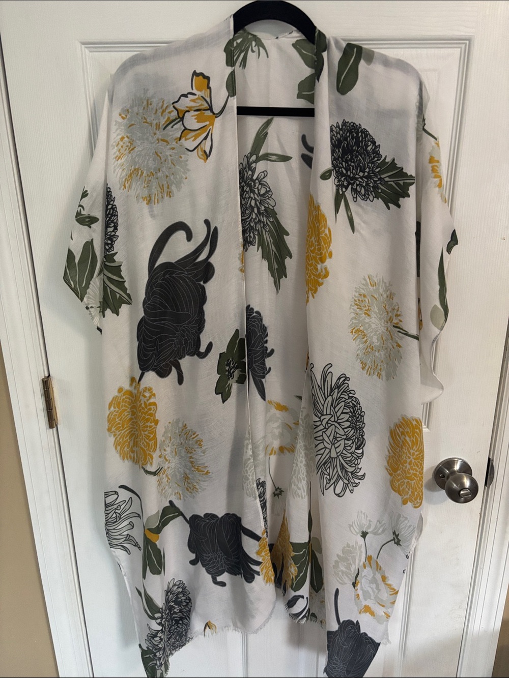 Three Bird Nest White Floral Kimono with Mustard Yellow & Olive Accents